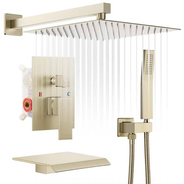 AKLFGN Single Handle 3-Spray Shower Faucet Square 12 in. 2.2 GPM with High Pressure with Storage Rack in. Brushed Gold