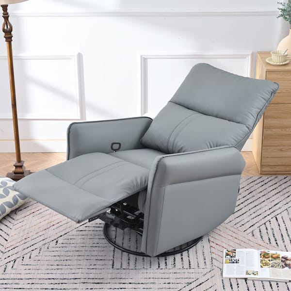 Blue-gray Faux Leather Rocking Swivel Recliner Chair with Side Pockets, Padded Seat, 360° Swivel