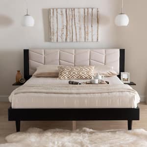Adriano Beige and Black Wood Frame Queen Platform Bed with Built-In Shelves