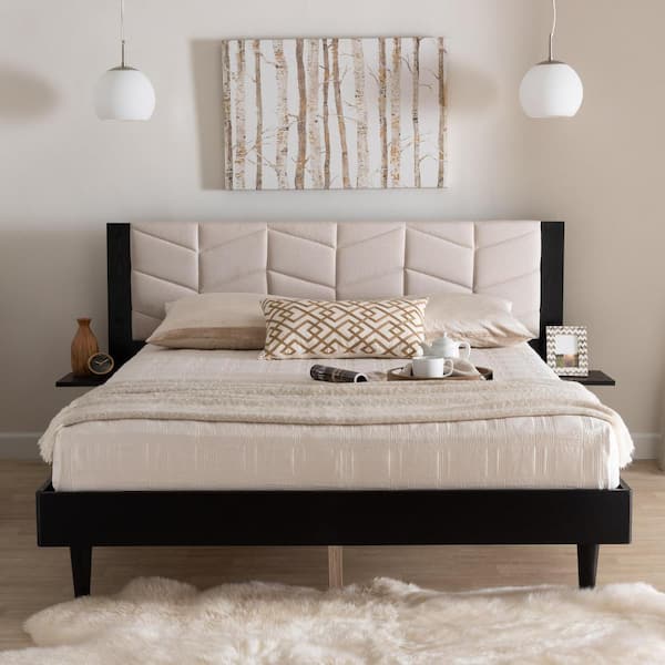 Baxton Studio Adriano Beige and Black Wood Frame Queen Platform Bed with Built-In Shelves
