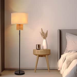58 in. Modern Indoor Black Lantern 3-Light LED Energy Efficient Floor Lamp with Beige Fabric Drum Shade, Rattan Shade