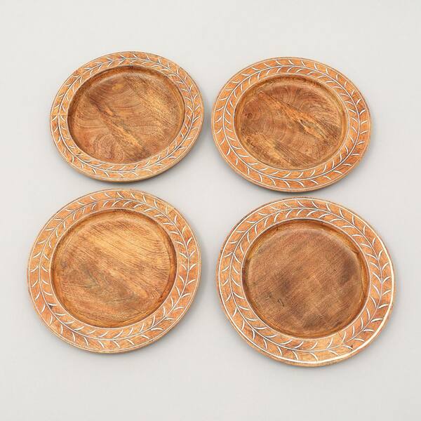Artisan Series Brown Leaf-Patterned Round Wood 13 in. Charger