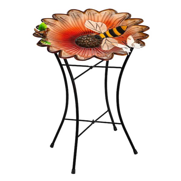 16.5 in. Multi-Color Metal Sunflower and Bee Bird Bath with Stand