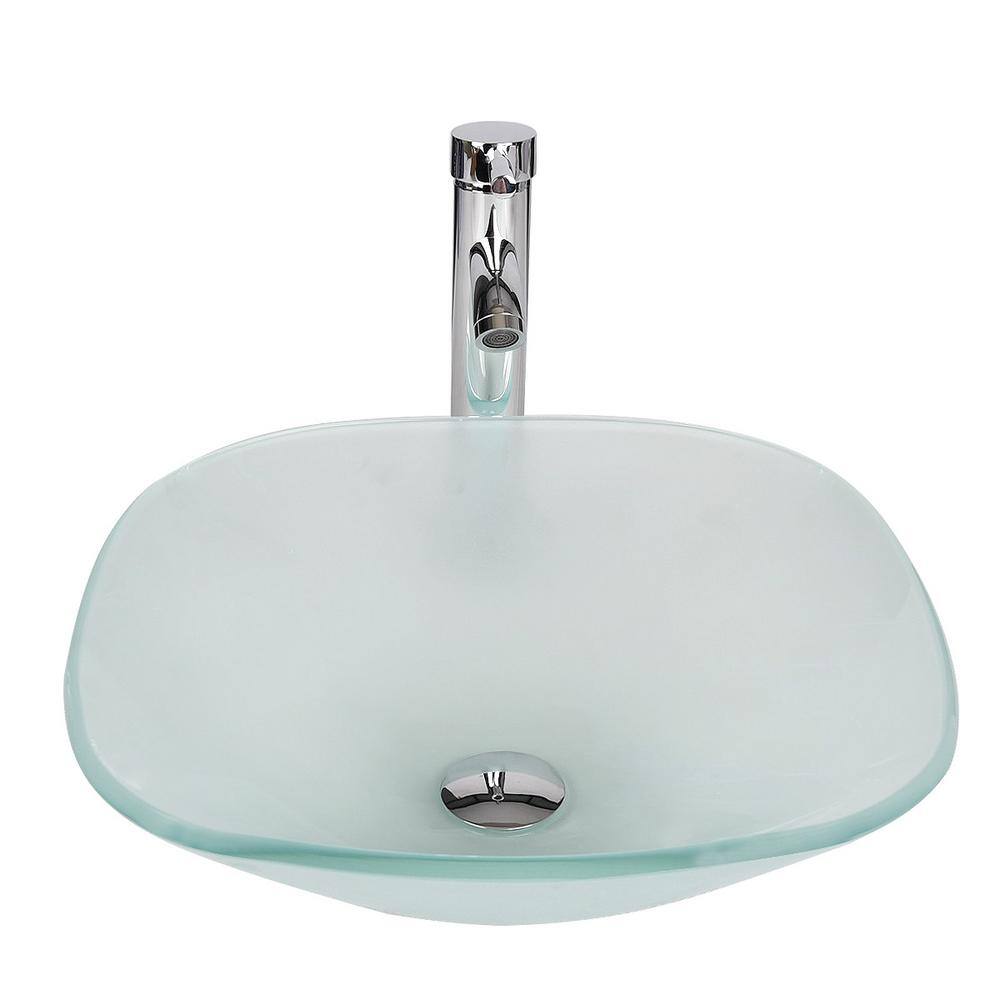 Puluomis Matte Glass Square Vessel Sink With Faucet Pop Up Drain Set