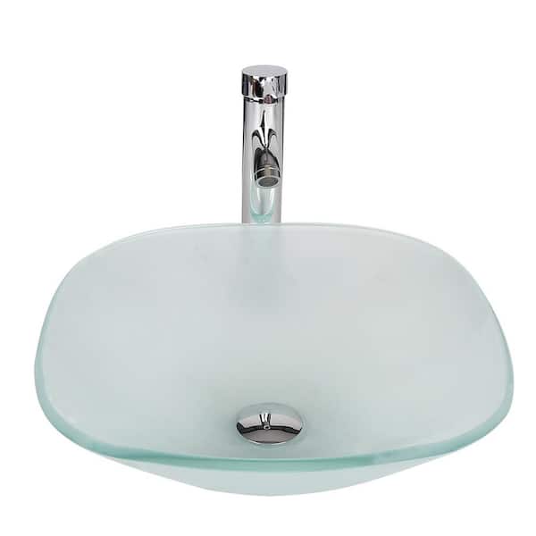 Puluomis Matte Glass Square Vessel Sink With Faucet Pop Up Drain Set