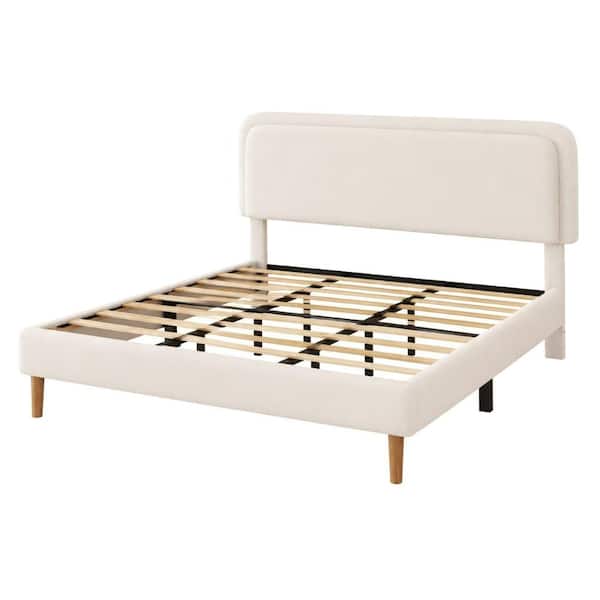King Size Plush Upholstered Platform Bed Frame with Height-Adjustable Headboard Wood Slats No Box Spring Needed, Beige