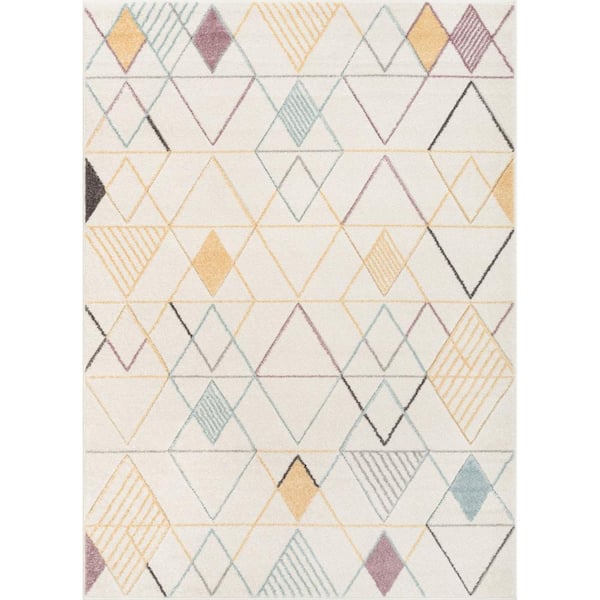Well Woven WHOA Prism White Geometric Distressed Scandinavian 3D Textured 5 ft. 3 in. x 7 ft. 3 in. Area Rug