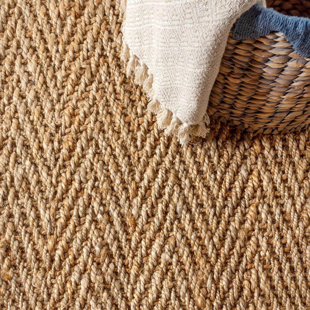 Ivory Herringbone Handwoven Jute 8' x 10' Reversible Area Rug