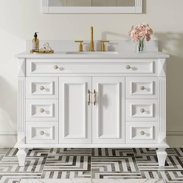 48 in. W x 22 in. D x 35 in.H Solid Wood Bath Vanity in White with Carrara White Stain-resistant Quartz Top, Single Sink