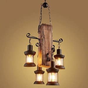 4-Light Brown Lantern Chandelier Light Industrial Rustic Farmhouse Wood and Glass Shade Pendant for Coffee Restaurant