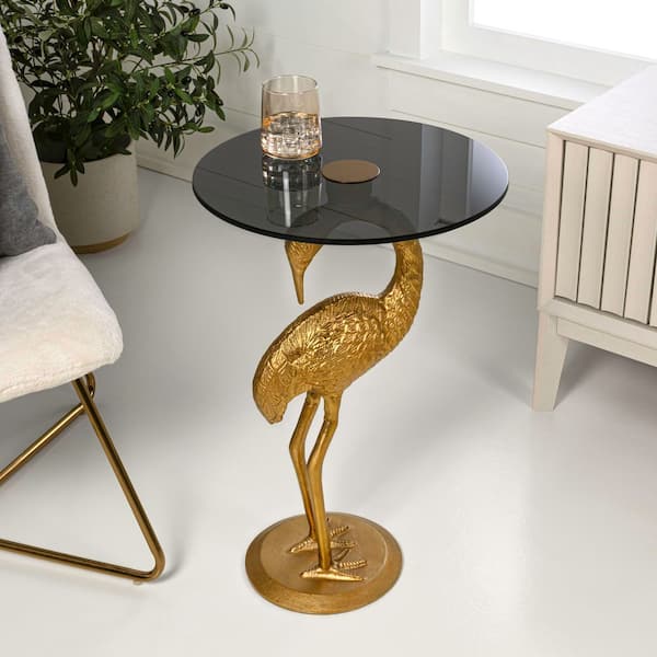 Blanche 16 in. Classic Mid-Century Round Glass Top Flamingo End Table, Gold