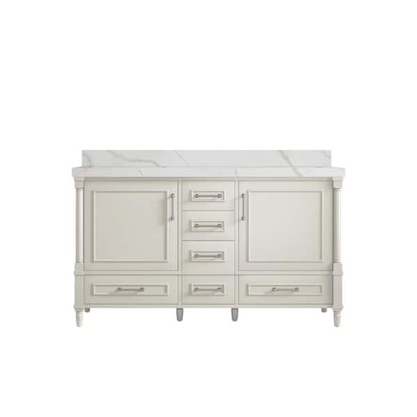 Willow Collections Hudson 60 in. Double Sink Freestanding Alabaster Bath Vanity with Calacatta Laza Qt. Top Unassembled