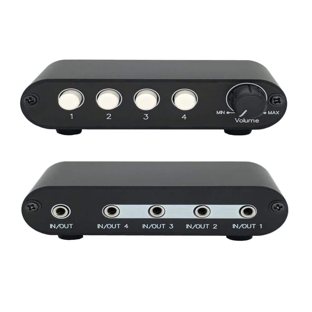 4 way stereo audio selector box with 3.5mm input output line volume control desktop speaker selector