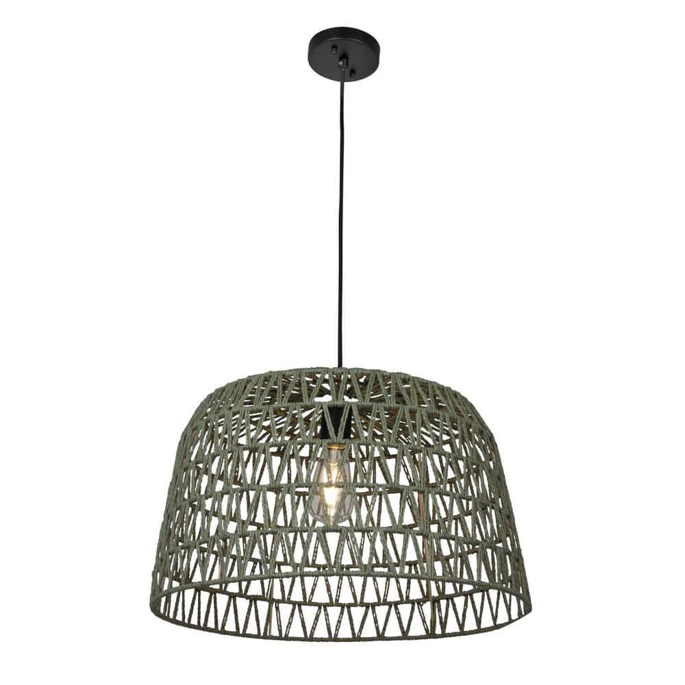 Storied Home 40-Watt 1 Olive Open Weave Pendant Light Metal and Paper Rope Shade, No Bulbs Included