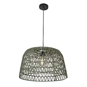 40-Watt 1 Olive Open Weave Pendant Light Metal and Paper Rope Shade, No Bulbs Included