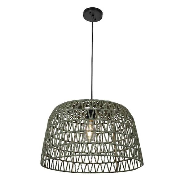 Storied Home 40-Watt 1 Olive Open Weave Pendant Light Metal and Paper Rope Shade, No Bulbs Included