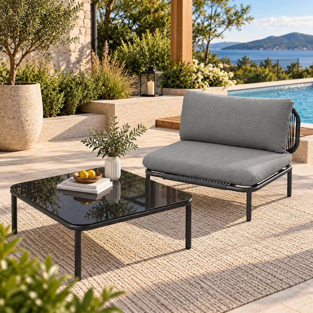 2-Piece Metal Frame Patio Outdoor Conversation Set Sectional Sofa w/ Soft Cushion 1-Seater Table in Dark Gray for Garden