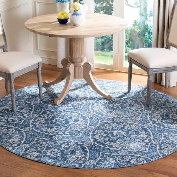 Brentwood Navy/Light Gray 7 ft. x 7 ft. Round Geometric Medallion Floral Area Rug