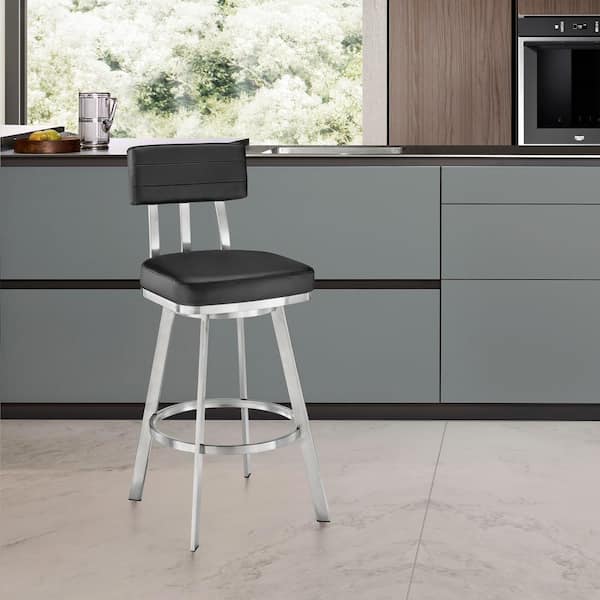 Armen Living Jinab 38-42 in. Black/Brushed Stainless Steel Metal 26 in. Bar Stool with Faux Leather Seat