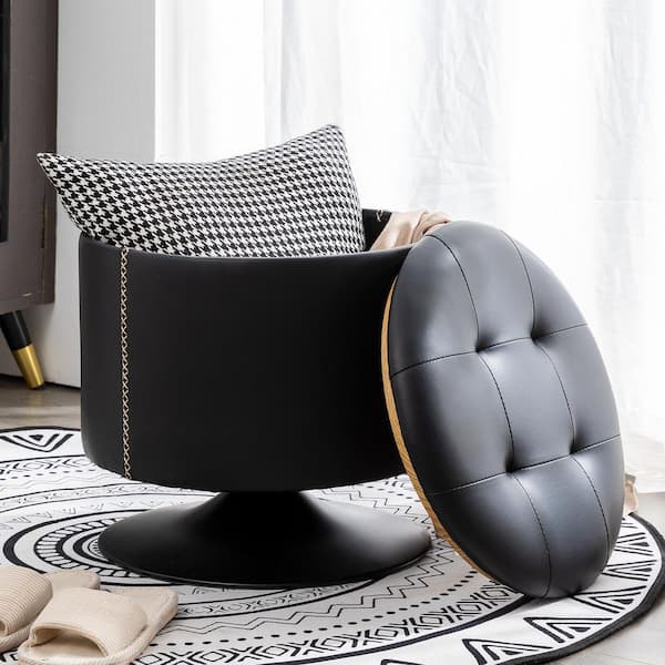 LUE BONA Black Makeup Vanity Stool Swivel Round Tufted Storage