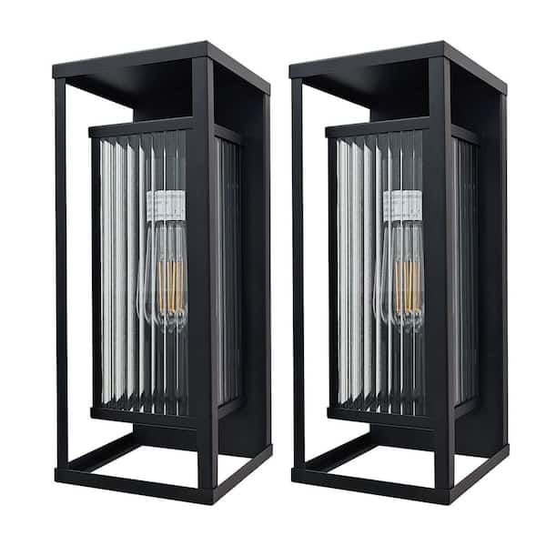 13.7 in. Black Indoor/Outdoor Wall Light Modern Outdoor Wall Lantern Sconce with Clear Glass Shade Porch Light (2-Pack)