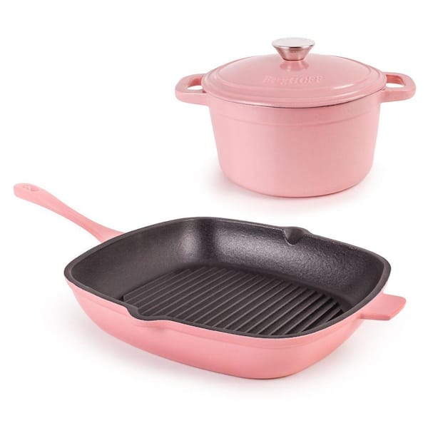 BergHOFF Neo 3-Piece Cast Iron Cookware Set, Grill Pan and Round Dutch Oven, Pink