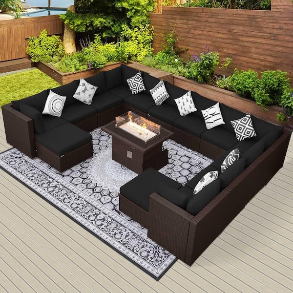FINCATI 15-Piece Large Size Patio Espresso PE Wicker Patio Sofa Set with Black Cushions and 55,000 BTU Fire Pit Table