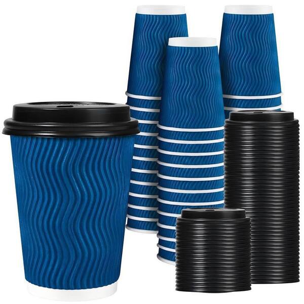 12 oz. Disposable Coffee Cups with Lids, Hot Paper Insulated Corrugated Ripple Wall Cup for Drinks, Blue (50-Pack)