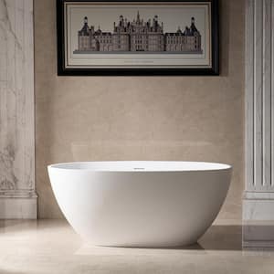 55 in. Solid Surface Stone Resin Flatbottom Freestanding Bathtub in Matte White with 2-drain covers