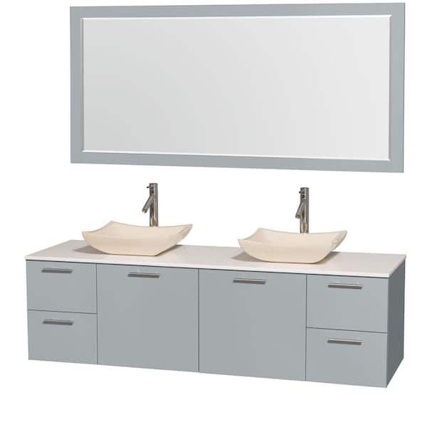 Wyndham Collection Amare 72 in. W x 22.25 in. D Vanity in Dove Gray with Solid-Surface Vanity Top in White with Ivory Basins and Mirror