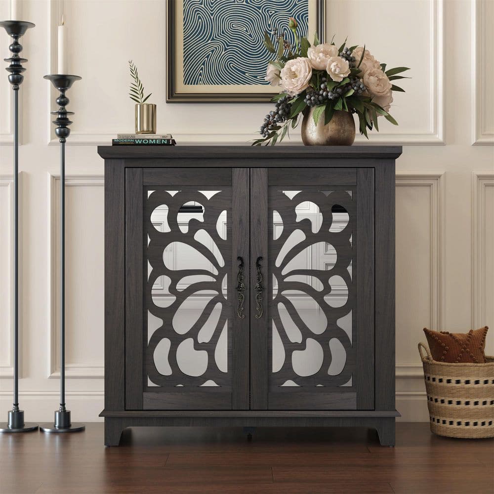 34.06 in. Hollow-Carved Brown Wooden Sideboard with 2 Acrylic Mirror Doors and Adjustable Shelves