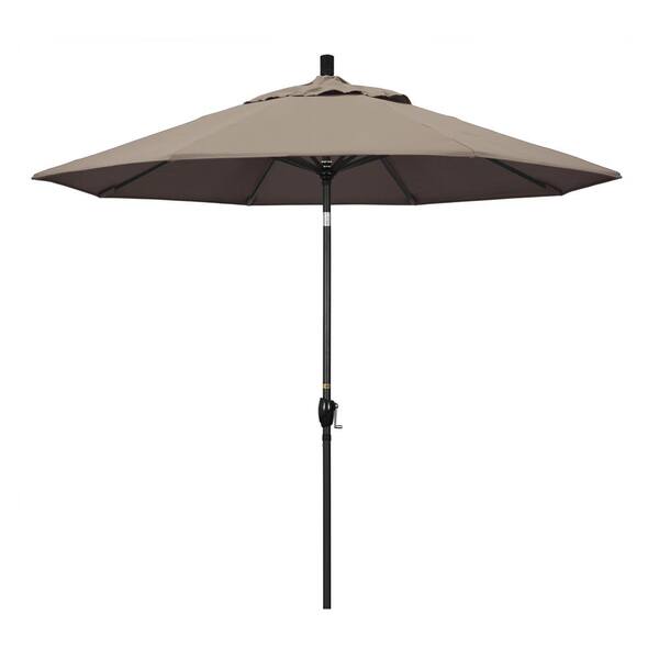 California Umbrella 9 ft. Black Aluminum Pole Market Aluminum Ribs Push Tilt Crank Lift Patio Umbrella in Taupe Sunbrella