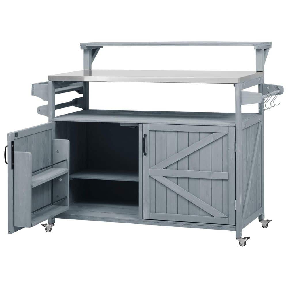 Brown Wood 53.3 in. Kitchen Island Cart Outdoor Grill Cart Storage Cabinet with Stainless Steel Top, Raised Shelf