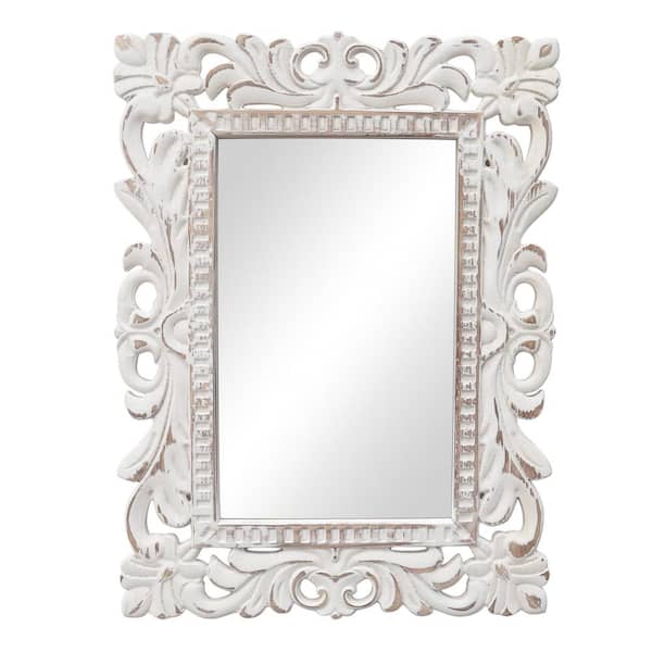 PARISLOFT 15.8 in. W x 20.8 in. H Rectangle Framed Rustic White Carved Wood Wall Mirror