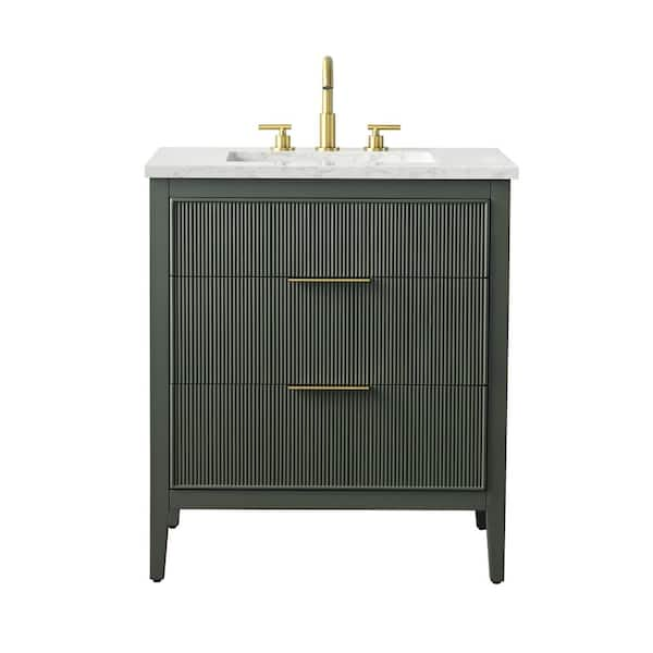 Emma 30 in. W Bath Vanity in Vintage Green with Engineered Stone Top in Arabescato with White Sink