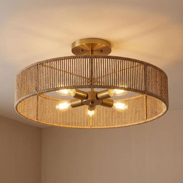 Ashe Large 24 in. W x 8 in. H 5-Light Warm Brass Semi-Flush Mount Ceiling Light with Open Organic Rope Shade