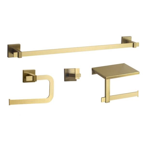 Globe Electric Wexford 4-Piece Bath Hardware Set with Towel Holder, Robe Hook, Toilet Paper Holder, Hand Towel Holder in Matte Brass