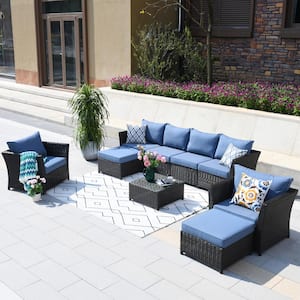 Huron Gorden Brown 9-Piece Wicker Outdoor Patio Conversation Sectional Sofa Set with Blue Cushions