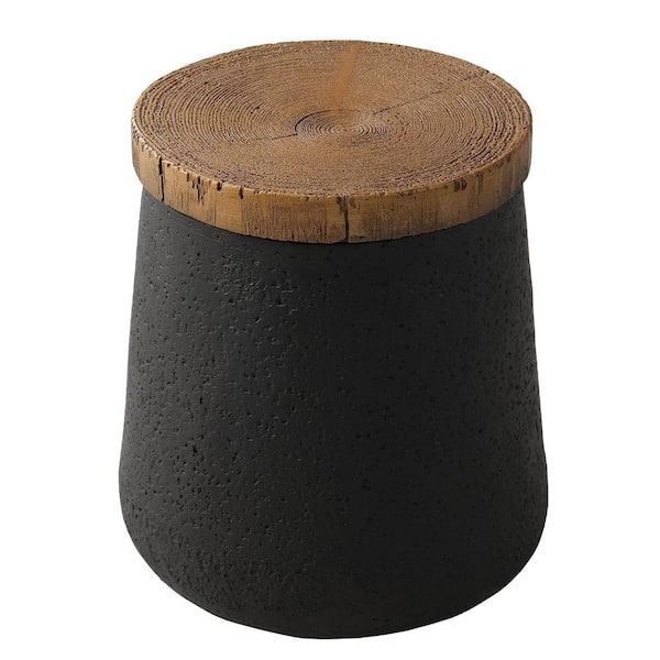 Outdoor Small Black Patio End Tables Garden Stool Wooden-Look Top Concrete Side Table
