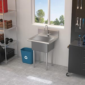 24 in. W x 24 in. D Freestanding Stainless Steel 1-Compartment Commercial Laundry/Utility Sink with Faucet and Drain