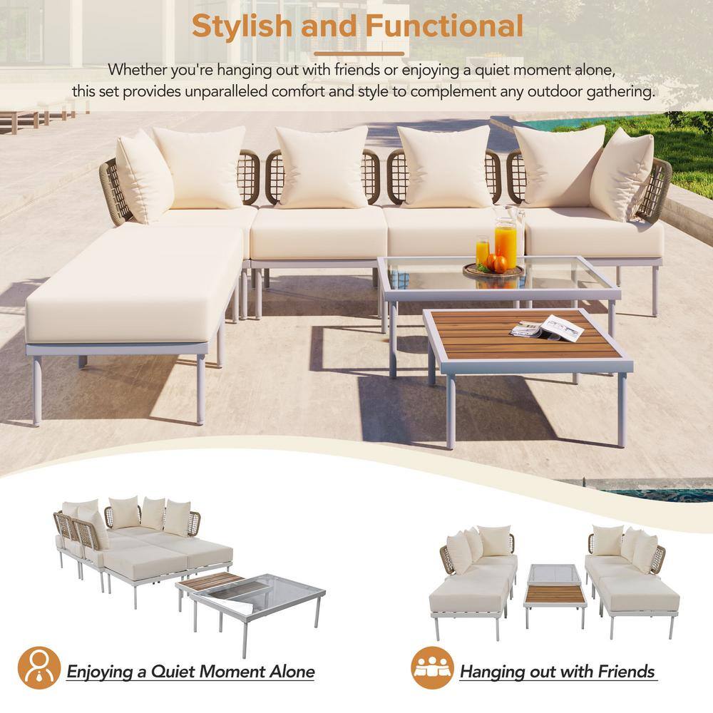 8-Piece White Steel Patio Sectional Sofa Set with Beige Cushions