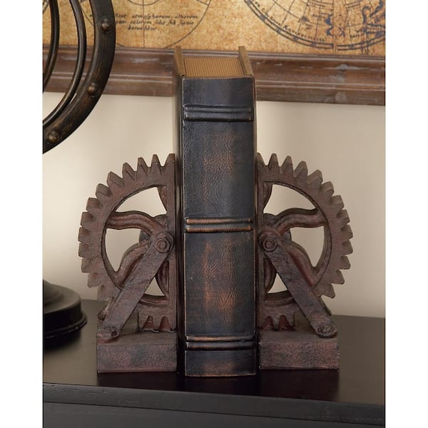 Litton Lane Brown Polystone Gear Bookends (Set of 2)