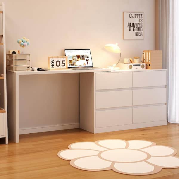 FUFU&GAGA 6-Drawer L-Shaped Dresser with Rotatable Desk 47.2 in. W x 51.2 in. D x 32.7 in. H