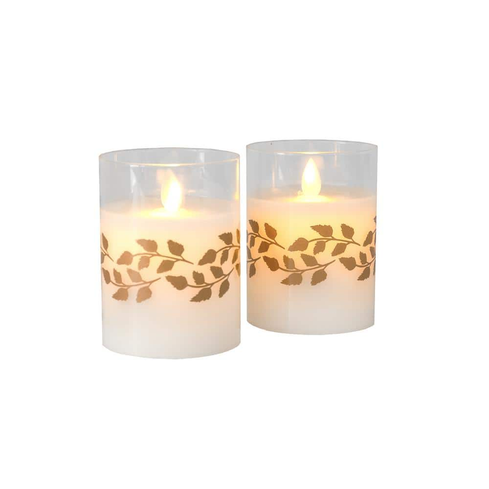 LUMABASE Gold Garland Battery Operated LED Glass Candles with Moving Flame (Set of 2)