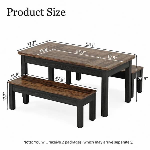3-Piece Rectangle Black and Brown Wood Top Dining Room Set Seats-4, Dining Table Set with 2-Dining Benches
