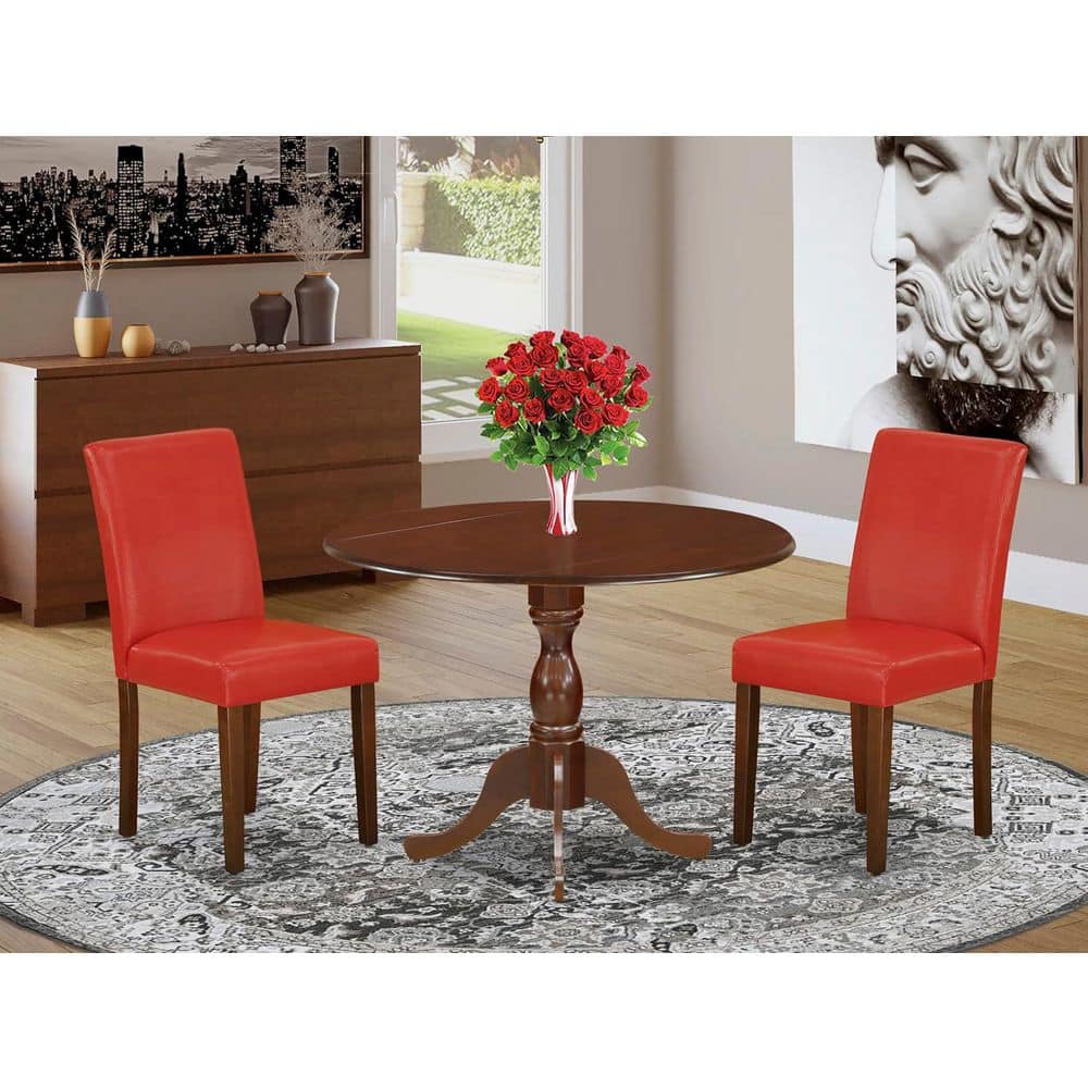 3-Piece Mahogany Finish Solid Wood Top-Upholstered Dining Room Set with Dropleaf (Seats-4)