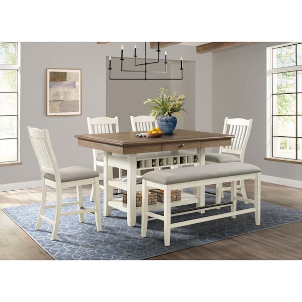 Marlow Antique White Wood Beige Fabric Counter Bench 1