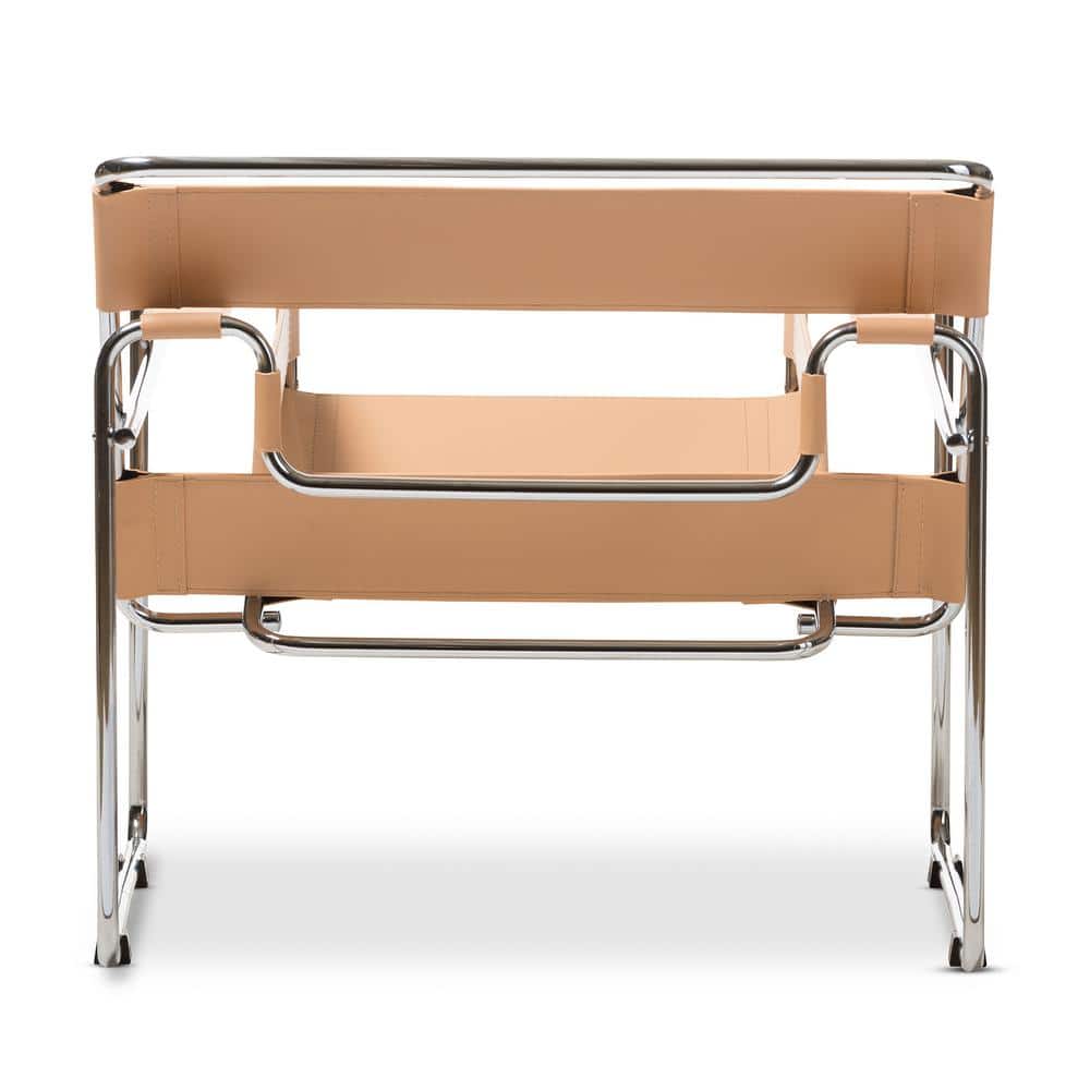 Mid-Century Tan Leather and Chrome Metal Accent Chair