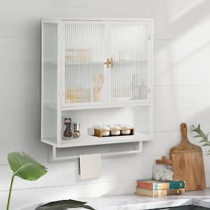 27.56 in. W x 9.06 in. D x 23.62 in. H Glass Doors Bathroom Storage Wall Cabinet in White 3-Tier Shelf and Towel Rack