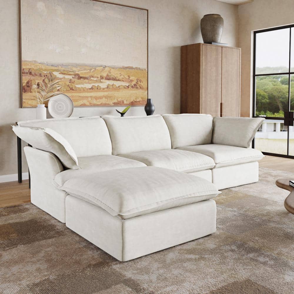 J&E Home 122.3 in. Wide Flared Arm Linen Modular 4-Piece
